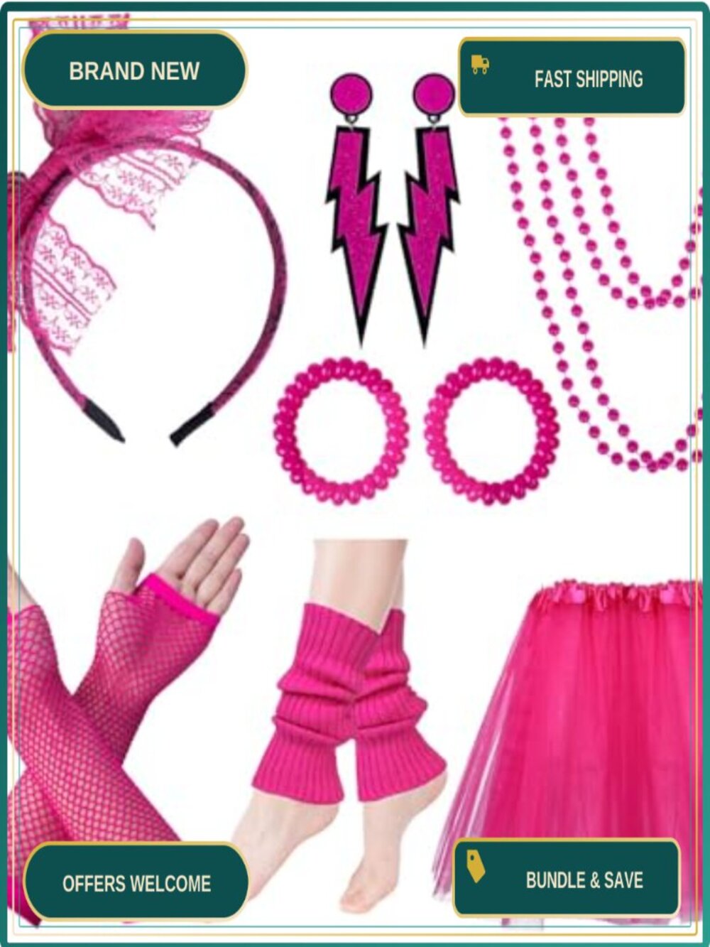 80s Costume Accessory Set Women Fishnet Gloves Leg Warmers Tutu Headband